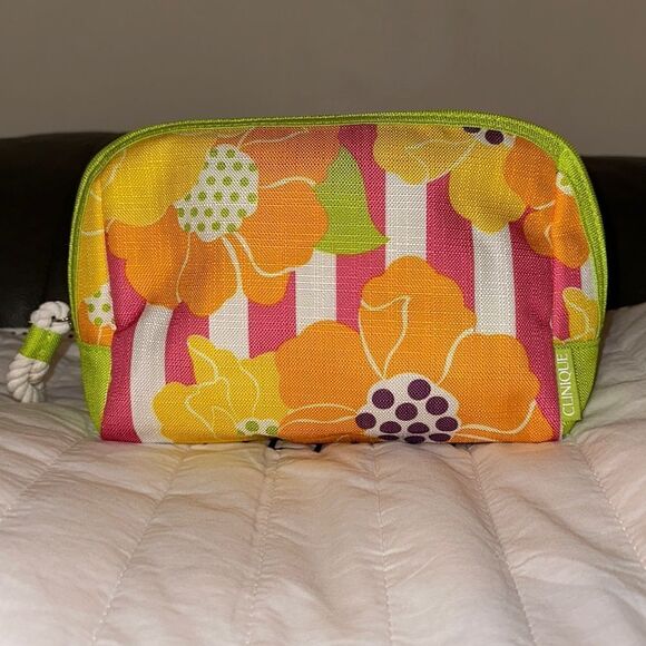 CLINIQUE Mid Sized Green Pink White Orange Purple Floral Make-Up Toiletry Bag - Picture 1 of 9